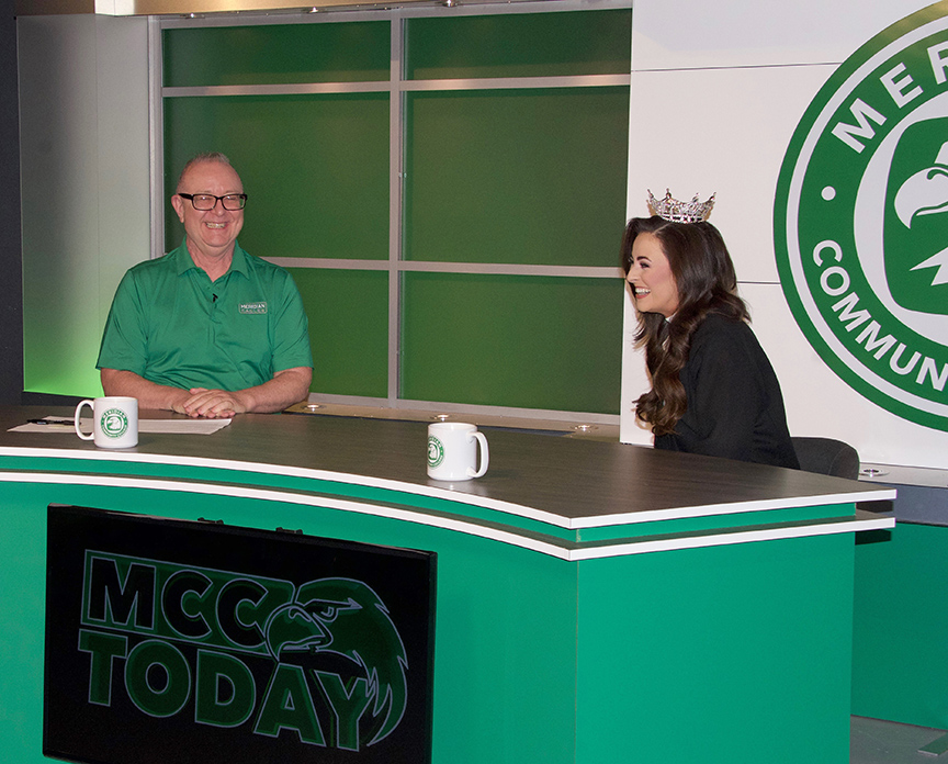 MCC Today host Lowell Martin, left, and Miss Mississippi Holly Brand share a laugh before filming MCC Today.