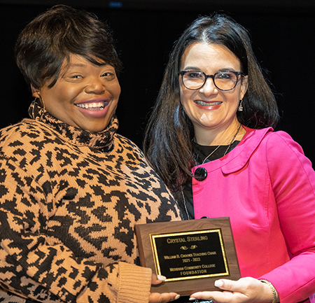 Crystal Sterling, left, and Leia Hill, vice president for institutional advancement and executive director of the MCC Foundation, at the presentation of the Crooks Teaching Chair Award.