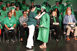 Graduates receiving diplomas on stage. 