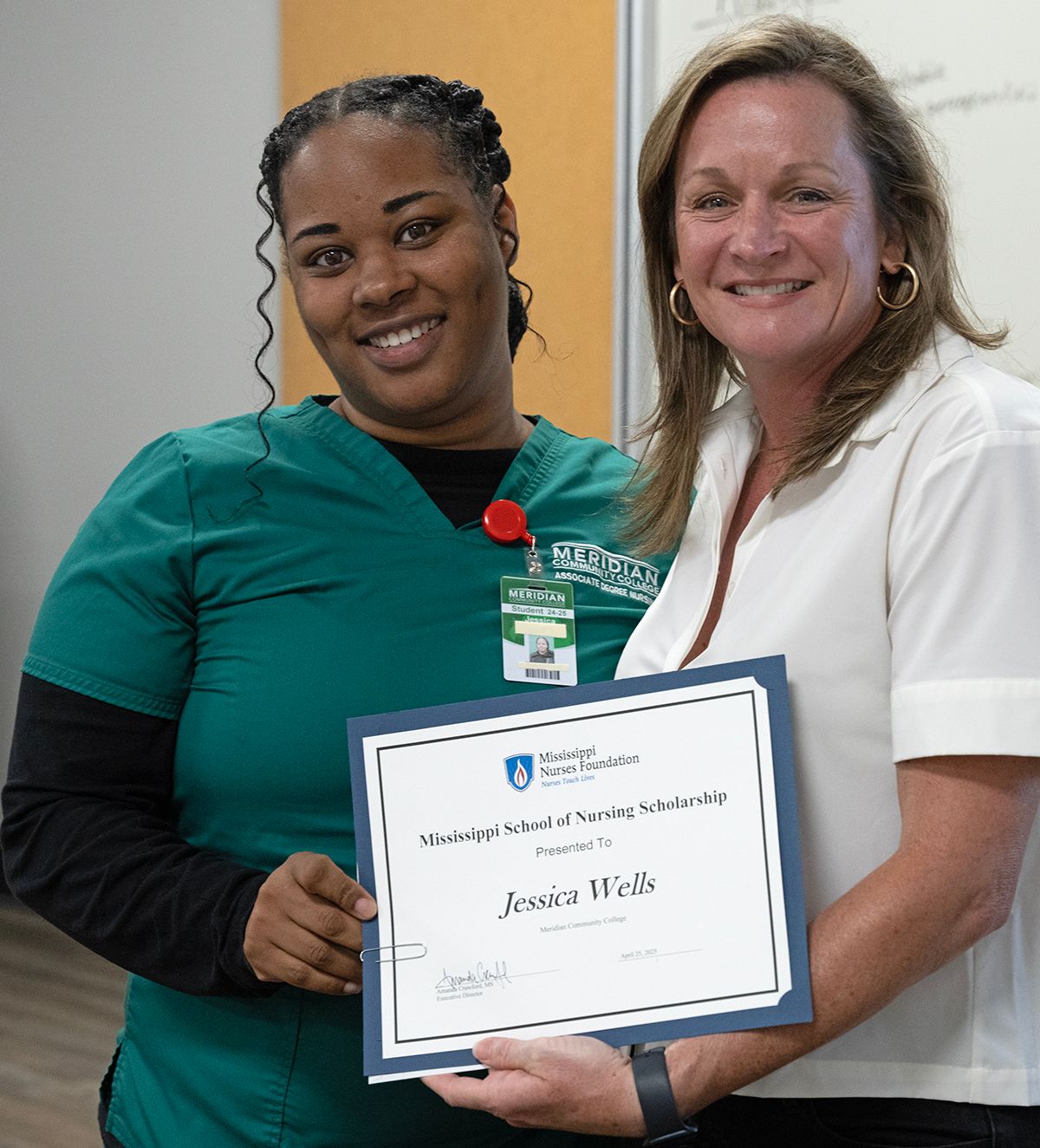 Jessica Wills, left, with Amanda Crawford, executive director of the Mississippi Nurses Foundation. Wills received the foundation’s scholarship. 