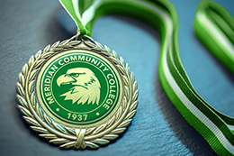A gold medal with the MCC logo on it.