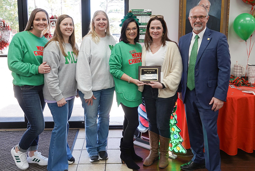 Celebrating at the MCCer of the Month announcement are Brandy Hill, Erin Davis, Jan Murphy, Dr. Leia Hill, Tracy Stockton, and Dr. Tom Huebner. 