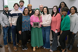 At the MCCer of the Month celebration are Dr. Tommy Winson, Eric Jones, James Runnels, Parker Manley, Mya Adams, Crystal Webster, Veronica Fox, Eugene Perry, Dr. Leia Hill, Courtney Pitts, Jawanda Huggins, Crystal Sterling, and Rhonda Smith. 