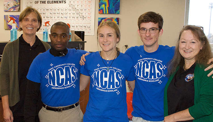 MCC’s NASA Community College Aerospace Scholars Program (NCAS) team gather. From left are Valerie Bishop, Michael Chaney, Joy St. Clair, Caleb Clearman and Dr. Angie Carraway.