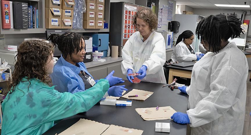 Students begin their lab project with Sheila Johnson, MLT program coordinator and instructor, guiding them.