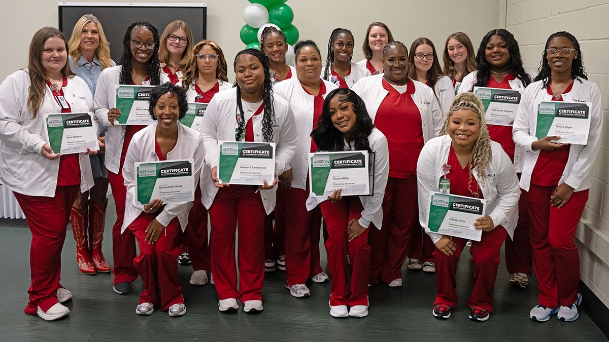 Meridian Community College’s Phlebotomy Essentials students included Leona Alonso, Dicie Brown, Emily Casey, Haley Hall, Alixus Hearn, Tanya McDonald, Tecaria Miller, Tamyra Pippin, TaNasja Portis, Brianna Smith, AuBriannah Stephens, Kyra Sturdivant, Katelyn S. Summerville, Shaneka Tisdale, Lacey Walters, Sierra Welborn, and Quameshial Young.
