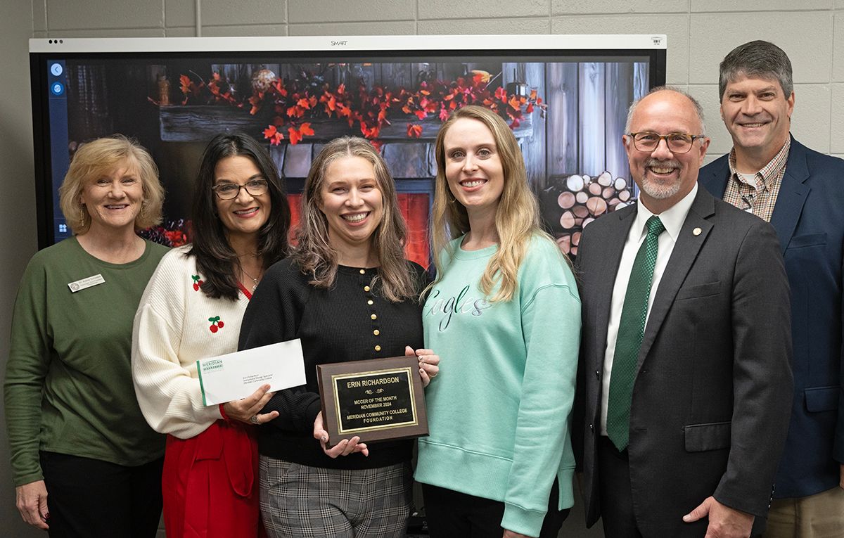 At the MCCer of the Month announcement are Dr. Kelley Gonzales, left, Dr. Leia Hill, Erin Richardson, Holley Purvis, Dr. Tom Huebner, and Michael Thompson. 