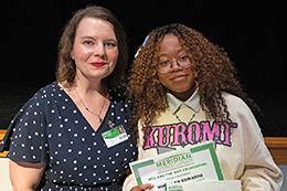 High school student Mikaylah Edwards poses with MCC assistant librarian Amy LaFleur. 