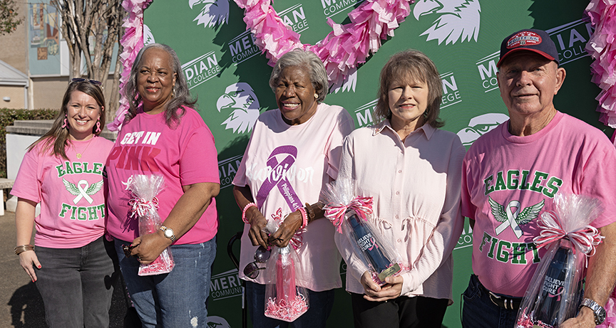 Phyllis Holladay, left, joins with Queen City Relay for Life and Street Strut ambassadors Barbara Burnett, Mary Eades, and Donna Creel and caregiver ambassador Mack Phillips. 