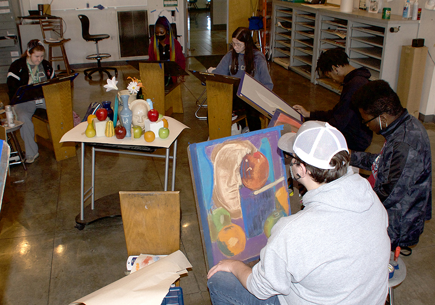 MCC art students work on a class project concentrating on the still life form. 