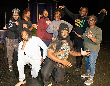 The Wiz actors include back row from left, Aaliyah Lee, Evillene; Ke’Yana Hudson, Glinda; LaQuinton Holliday, Lion; Mariah Miller, Dorothy; and Billy Walker, the Wiz. Front row from left are Nate Latham, Scarecrow; Jamiroquan Harris, Tinman; and Lisa Brookins Mercer, Addaperle.  