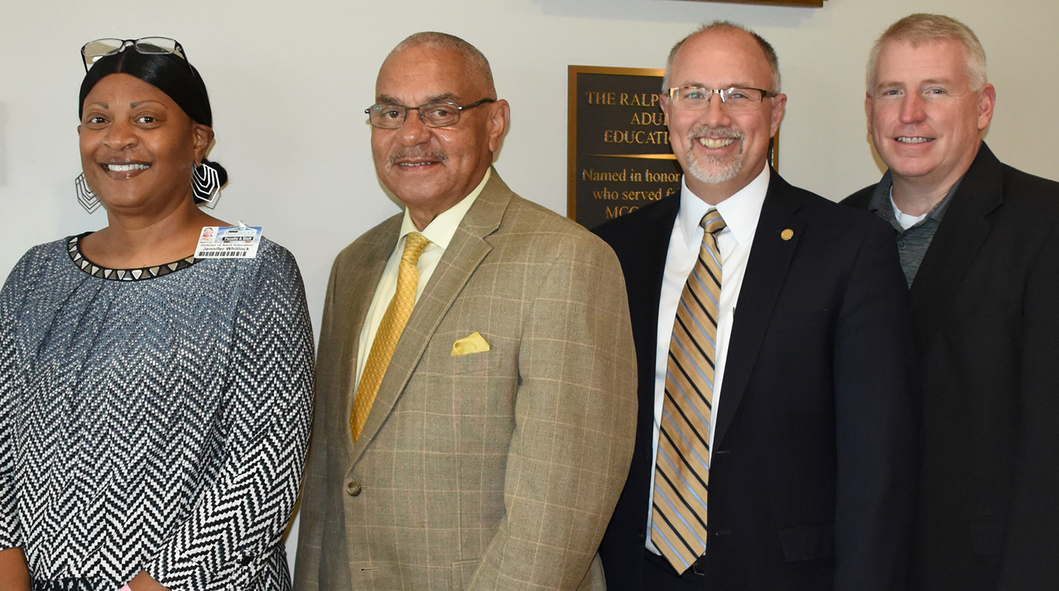 Posing for a photo opportunity are Jennifer Whitlock, MCC director of adult education, Meridian Mayor Jimmie Smith, MCC President Dr. Thomas Huebner, and Joseph Knight, MCC vice president for workforce solutions. 